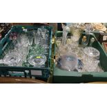 TWO TRAYS OF ASSORTED MODERN AND VINTAGE GLASSWARE TO INC CUT GLASS ETC AND A SET OF SIX GREEN