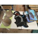 A SELECTION OF DIVING HOODS, DRY SUIT HANGERS, TANK NET AND CAST IRON WATER TROUGHS