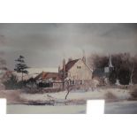 A FRAMED AND GLAZED SIGNED PRINT OF A WINTER FARM SCENE TOGETHER WITH A LANDSCAPE BEACH SCENE AN D A