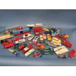 A BOX OF CORGI AND MATCHBOX CARS TO INCLUDE FAIRGROUND VEHICLES, OXFORD DIE CAST ETC