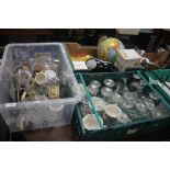 THREE TRAYS OF GLASSWARE AND SUNDRIES TO INCLUDE A GLOBE, CD PLAYER ETC (TRAYS NOT INCLUDED),br.