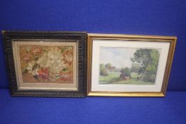 A FRAMED AND GLAZED PRINT TOGETHER WITH A FRAMED TAPESTRY