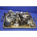 A LARGE TRAY OF METALWARE TO INCLUDE PEWTER