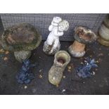A CONCRETE BIRD BATH, STATUES AND AN OLD BOOT (6 ITEMS)