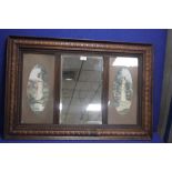 A FRAMED MIRROR DETAILED WITH PAINTED PORTRAITS 90 CM X 62 CM