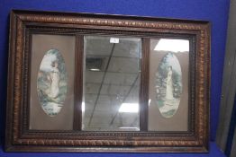 A FRAMED MIRROR DETAILED WITH PAINTED PORTRAITS 90 CM X 62 CM