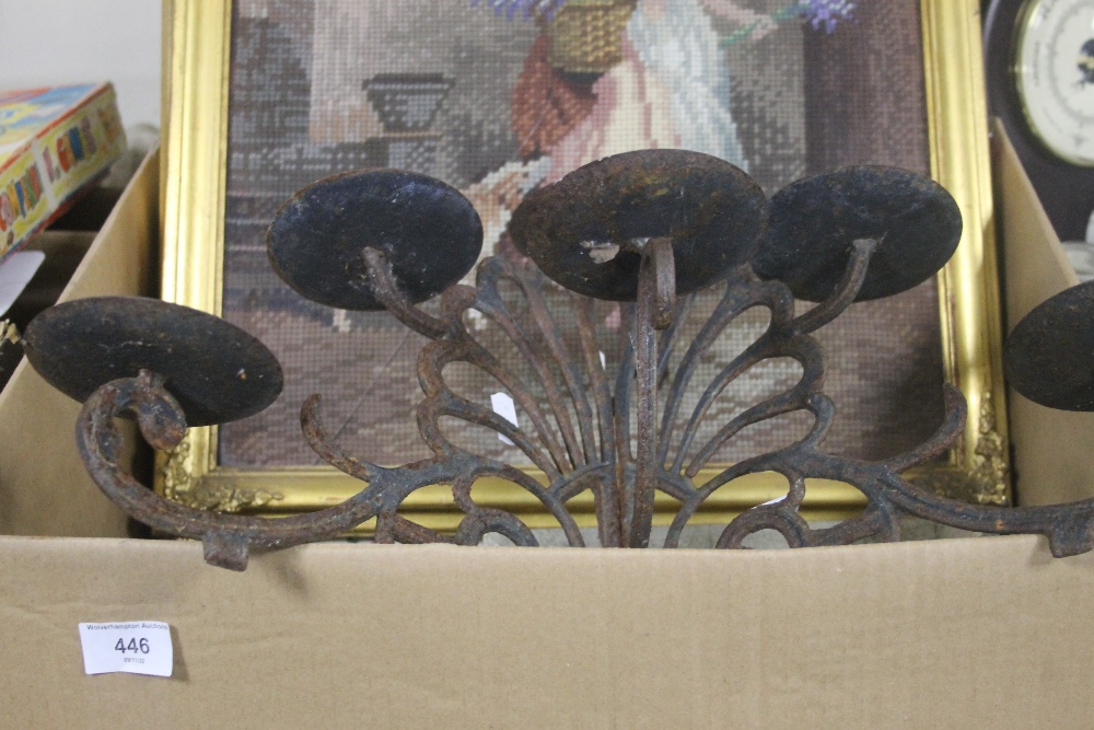 A TRAY OF ASSORTED TAPESTRY,S AND A WALL HANGING CANDELABRA (TRAYS NOT INCLUDED),br. - Image 2 of 2
