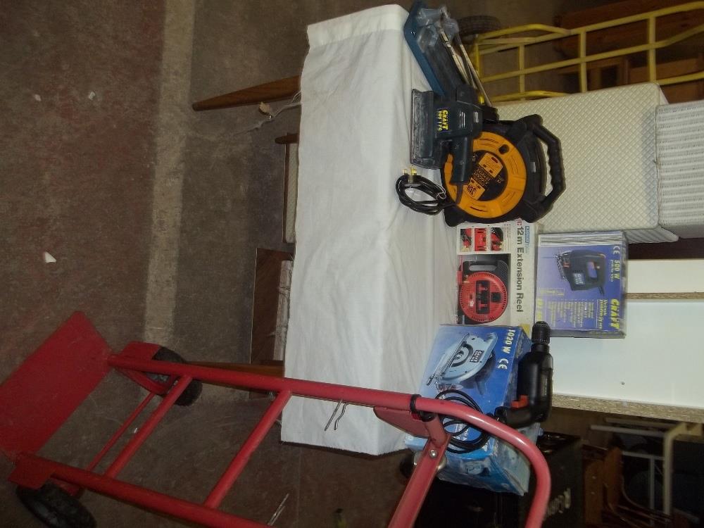 A SELECTION OF BOXED POWER TOOLS ETC TOGETHER WITH A SACK TRUCK