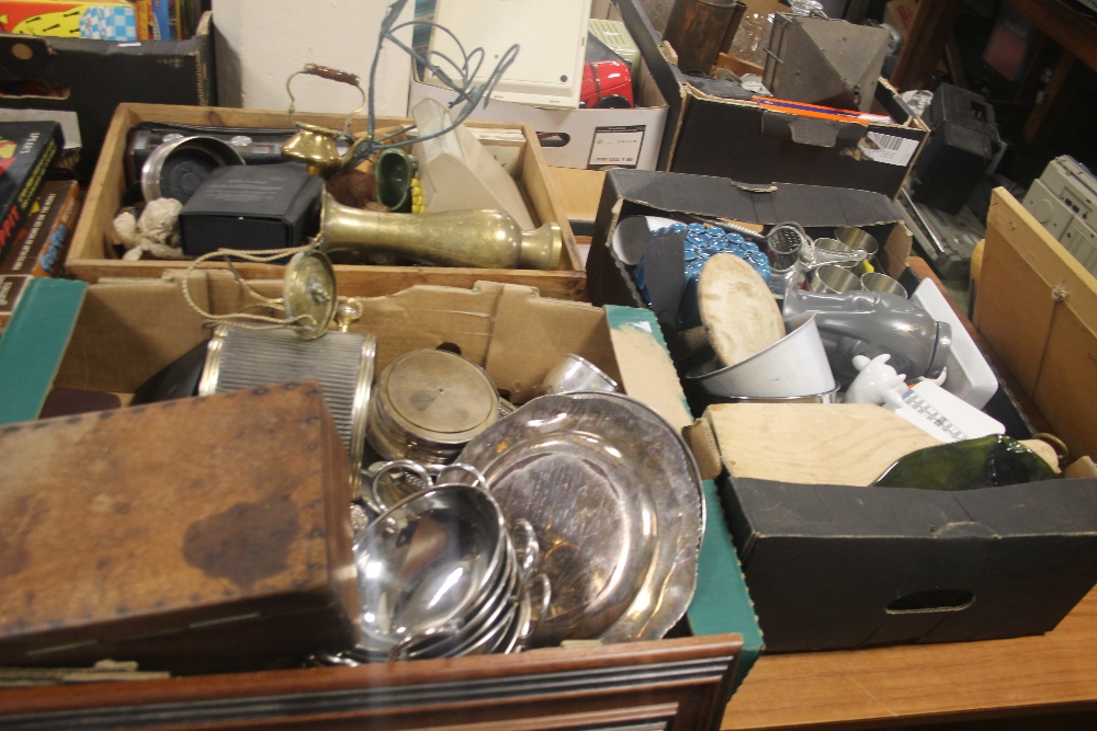TWO TRAYS OF METALWARE TOGETHER WITH A TRAY OF CERAMICS (TRAYS NOT INCLUDED),br.
