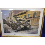 A FRAMED AND GLAZED DE PENTLAND PRINT TITLED "ANZIO ITALY FEBRUARY 1944" SIGNED TO THE LOWER RIGHT