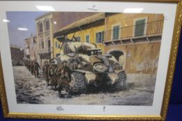 A FRAMED AND GLAZED DE PENTLAND PRINT TITLED "ANZIO ITALY FEBRUARY 1944" SIGNED TO THE LOWER RIGHT