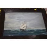 A FRAMED OIL ON CANVAS OF A SHIP AT SEA