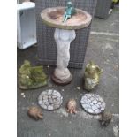 NINE ITEMS TO INCLUDE A CONCRETE BIRD BATH, STEPPING STONES AND STATUES