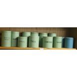 A SET OF 1940,S GREEN PAINTED TIN KITCHEN STORAGE JARS