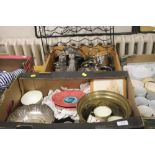 TWO TRAYS OF METALWARE AND CERAMICS TO INCLUDE A CRUET (TRAY NOT INCLUDED)