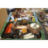 TWO TRAYS OF COLLECTABLE,S AND METALWARE TO INCLUDE MATCHBOXES, A BAROMETER ETC (TRAYS NOT