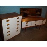 A TEAK AND WHITE RETRO DRESSING TABLE AND 5 DRAWER CHEST