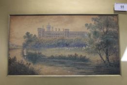 AN ARTHUR MCARTHUR WATERCOLOUR OF A CASTLE AND RIVER LANDSCAPE SIGNED TO THE LOWER CENTRE 54 CM X 37