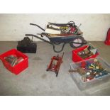 A WHEELBARROW AND TOOLS CONTENTS TO INCLUDE A CAR TROLLEY JACK, 4 BOXES OF TOOLS AND AN
