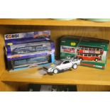 TWO CORGI TRAINS, A CORGI BUS AND A TOY CAR