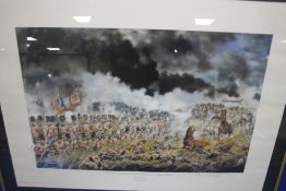 A FRAMED AND GLAZED DAVID ROWLANDS PRINT TITLED "THE 33RD OR 1ST WEST RIDING REGIMENT AT THE
