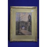 AN ARTHUR MCARTHUR FRAMED AND GLAZED WATERCOLOUR OF A RUINED ARCH WITH SHEPHERD AND FLOCK SIGNED