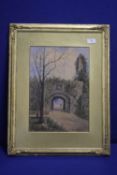 AN ARTHUR MCARTHUR FRAMED AND GLAZED WATERCOLOUR OF A RUINED ARCH WITH SHEPHERD AND FLOCK SIGNED