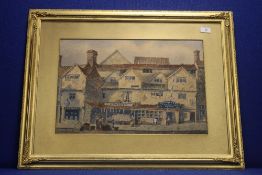 AN ARTHUR MCARTHUR WATERCOLOUR OF A ROW OF SHOPS (POSSIBLY DIGBETH) SIGNED TO THE LOWER LEFT 79 CM X