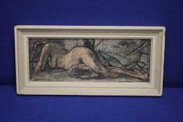 GUY WORSDELL OIL ON BOARD TITLED "NUDE LYING DOWN" SIGNED LOWER LEFT . INSCRIBED TO BACK OF FRAME