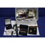 A BOX OF ASSORTED COSTUME JEWELLERY, WRIST WATCHES, CUFF LINKS ETC