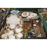 THREE TRAYS OF CERAMICS AND GLASSWARE TO INCLUDE ROYAL ALBERT ,OLD COUNTRY ROSES, (TRAYS NOT