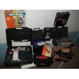 A SELECTION OF BOXED POWER TOOLS TO INCLUDE A PNEUMATIC DRILL, A PLANER, A SANDER ETC