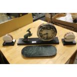 AN ART DECO SLATE AND MARBLE CLOCK GARNITURE WITH LEAPING DEER EMBELLISHMENT