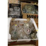 THREE BOXES OF ASSORTED GLASS TO INCLUDE AN EDINBURGH CRYSTAL DESK CLOCK