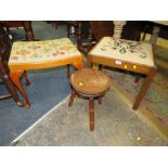 TWO TAPESTRY SEAT STOOLS TOGETHER WITH A THREE LEGGED STOOL
