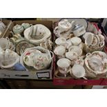 TWO TRAYS OF ASSORTED TEA AND DINNERWARE TO INCLUDE A QUEEN'S WOMAN AND HOME PATTERN PART TEA