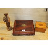 A MAHOGANY BOX, ANOTHER TRINKET / JEWELLERY BOX & EUROPEAN TREEN CARVING OF A MUSICIAN