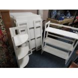 A SET OF TEN WHITE FOLDING THREE TIER BOOKCASES AND ONE CORNER BOOKCASE ( IDEAL FOR ANTIQUE FAIRS )