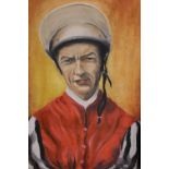 A LESTER PIGGOTT OIL ON BOARD TOGETHER WITH VARIOUS HORSE RACING PICTURES, PRINTS ETC AND A COALPORT