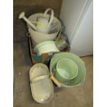 A QUANTITY OF ENAMEL WARE TO INCLUDE FRESH VEGETABLES PAIL ETC