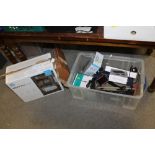 TWO TRAYS OF OFFICE SUNDRIES TO INC A BOSE WAVE RADIO CD WITH REMOTE PLUS A VINTAGE TYPEWRITER AND A