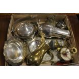 A TRAY OF SILVER PLATED WARE ETC TO INC A BRASS MIDDLE EASTERN STYLE COFFEE POT