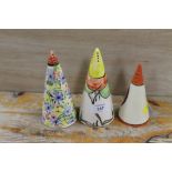 A MOORLAND CHELSEA WORKS BURSLEM CONICAL SUGAR SHAKER WITH CLARICE CLIFF STYLE DESIGN TOGETHER