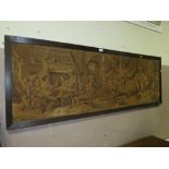 AN OAK FRAMED TAPESTRY WALL HANGING DEPICTING A TAVERN INTERIOR
