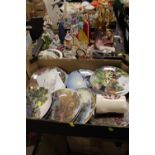 TWO TRAYS OF ASSORTED CERAMICS AND COLLECTABLES TO INCLUDE FIGURINES, COLLECTORS PLATES , TRINKETS