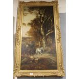 A TALL GILT FRAMED OIL ON CANVAS OF AN EXTENSIVE COUNTRY LANDSCAPE WITH A LOG CART SIGNED LOWER