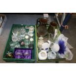 TWO TRAYS OF CERAMICS AND GLASS TO INC AN ART GLASS WALL HANGING, PORTMEIRION JUG ETC