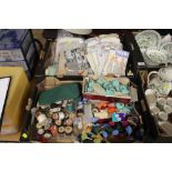 TWO TRAYS OF ASSORTED SEWING AND CRAFTING ITEMS TO INC COTTONS, SEWING PATTERNS ETC