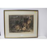 FOUR ASSORTED FRAMED AND GLAZED PRINTS TO INCLUDE A TIGER COLOUR ENGRAVING ENTITLED 'ROYAL GAME' - H