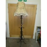 A VINTAGE LATE 19TH CENTURY WROUGHT / BRASS LAMP STAND AND RETRO SHADE